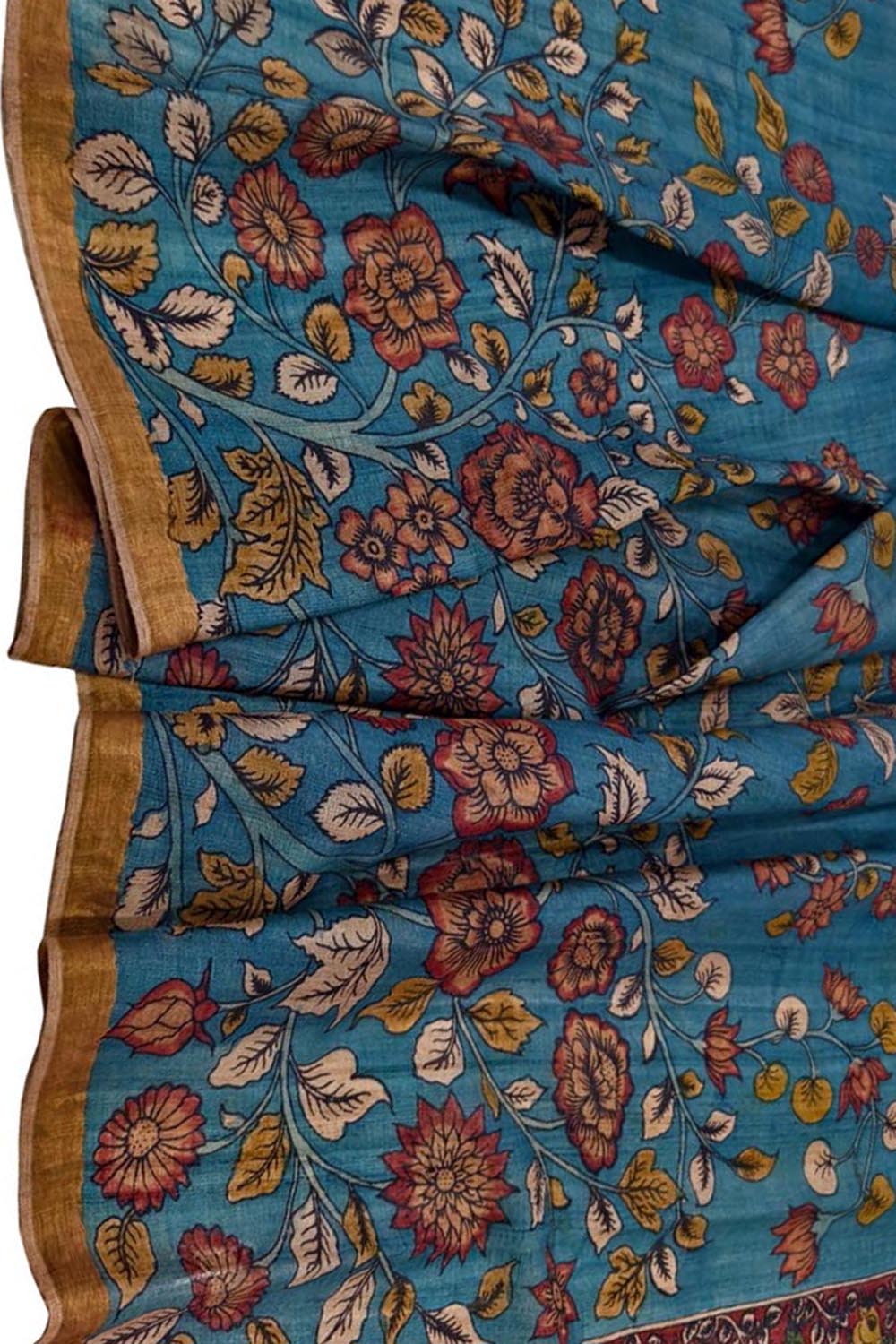 Blue Hand Painted Pure Tussar Silk Kalamkari Dupatta - Luxurion World