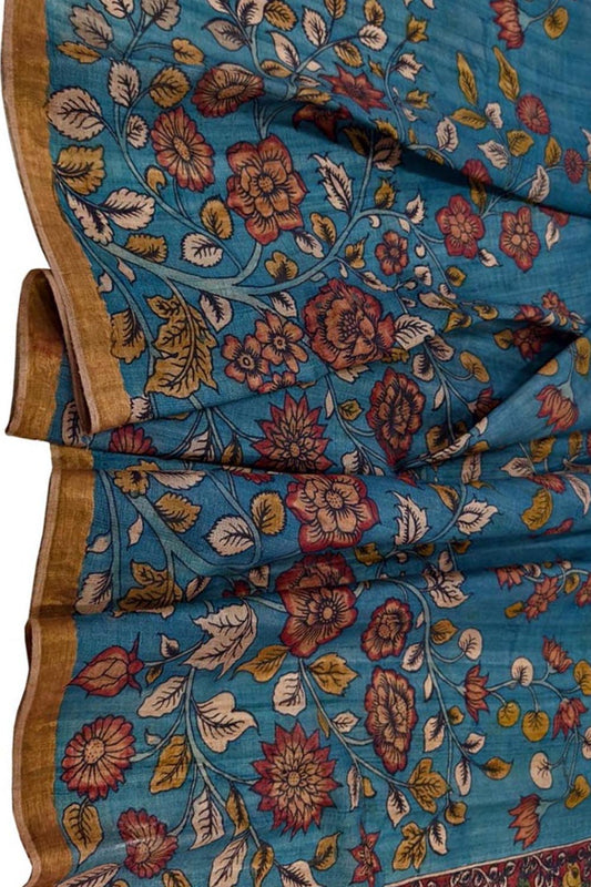 Blue Hand Painted Pure Tussar Silk Kalamkari Dupatta - Luxurion World