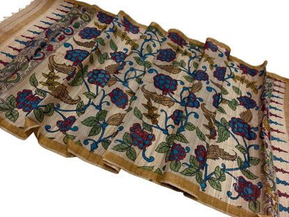 Pastel Tussar Silk Kalamkari Dupatta - Hand Painted - Luxurion World