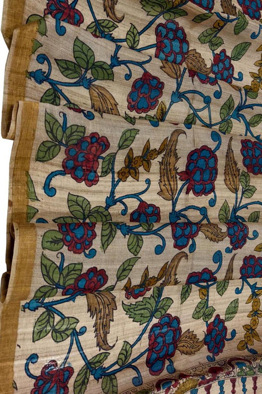 Pastel Tussar Silk Kalamkari Dupatta - Hand Painted - Luxurion World