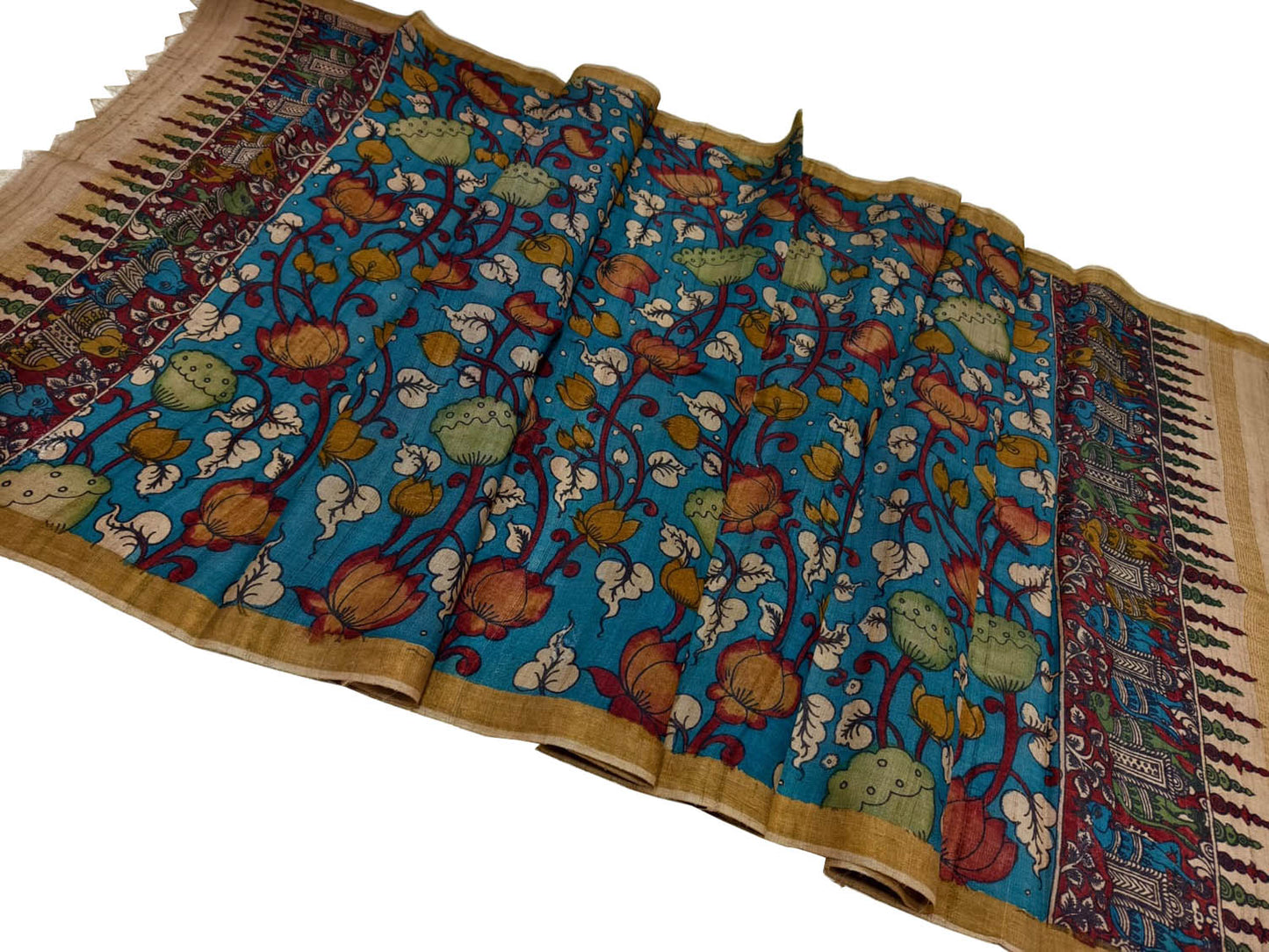 Blue Tussar Silk Kalamkari Dupatta Hand Painted - Luxurion World