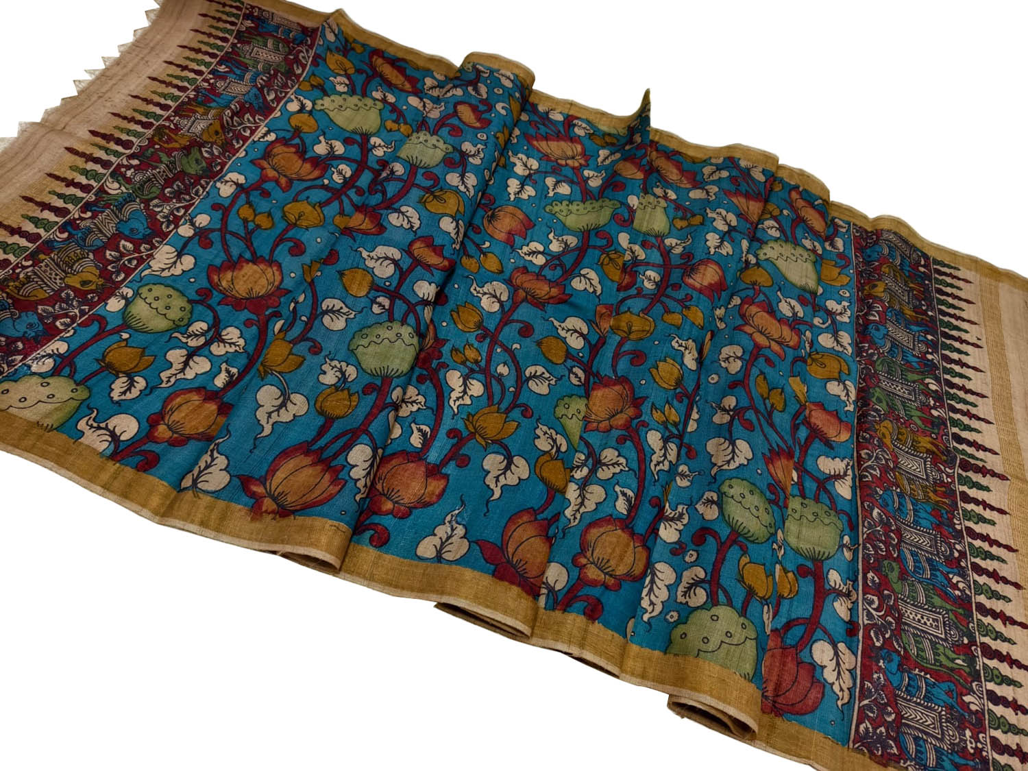 Blue Tussar Silk Kalamkari Dupatta Hand Painted - Luxurion World- Crafted Heirlooms