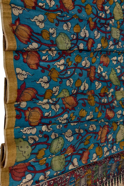 Blue Tussar Silk Kalamkari Dupatta Hand Painted - Luxurion World