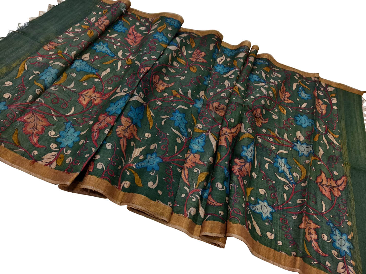 Hand Painted Tussar Silk Kalamkari Dupatta - Luxurion World- Crafted Heirlooms