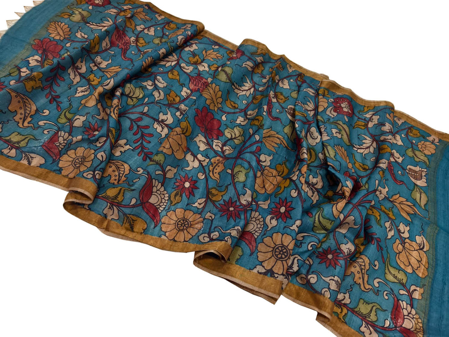 Blue Tussar Silk Kalamkari Dupatta - Hand Painted Beauty - Luxurion World