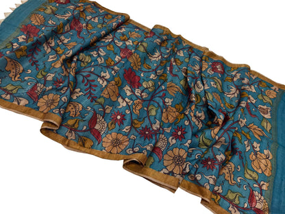 Blue Tussar Silk Kalamkari Dupatta - Hand Painted Beauty - Luxurion World