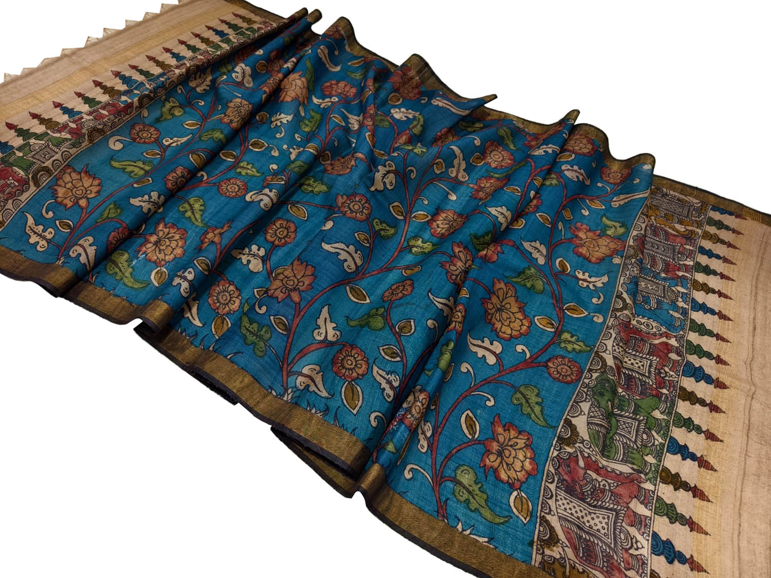 Blue Tussar Silk Kalamkari Dupatta - Hand Painted Beauty - Luxurion World