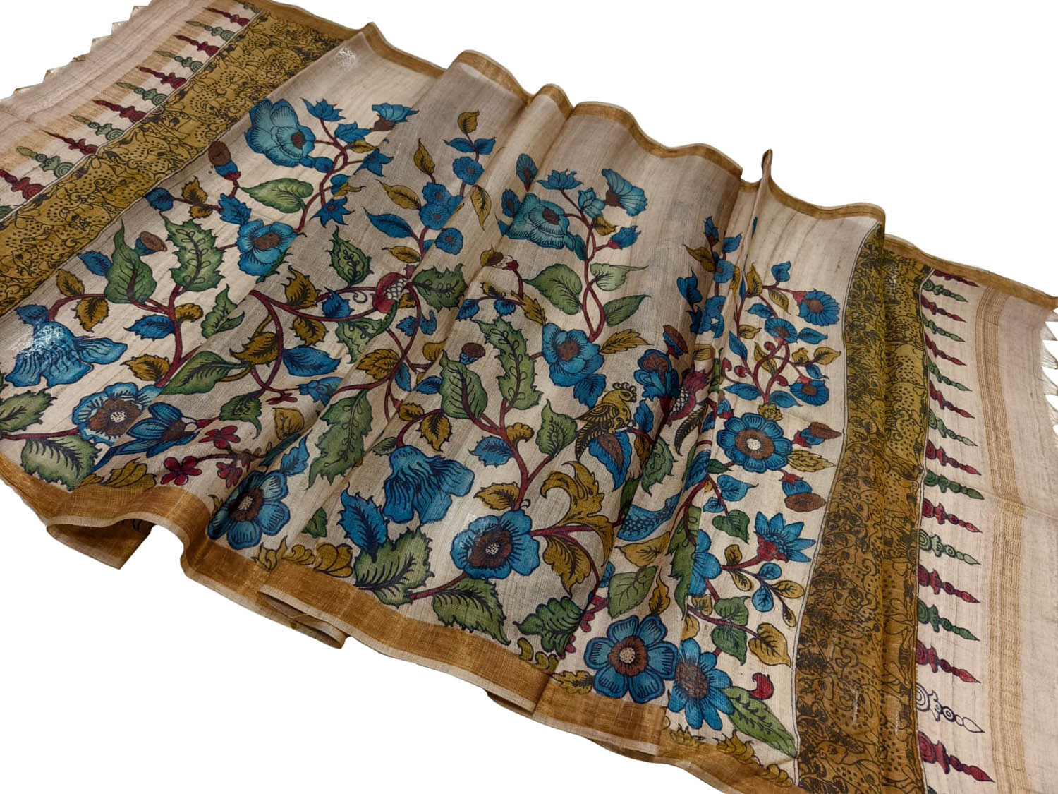 Pastel Tussar Silk Kalamkari Dupatta - Luxurion World- Crafted Heirlooms