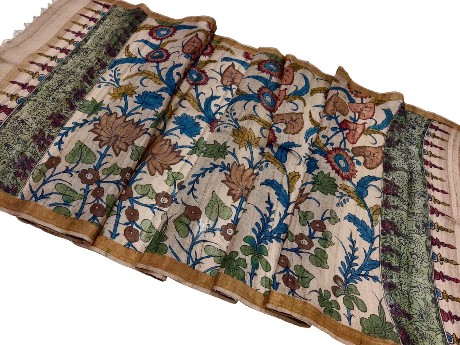 Pastel Tussar Silk Kalamkari Dupatta - Luxurion World- Crafted Heirlooms