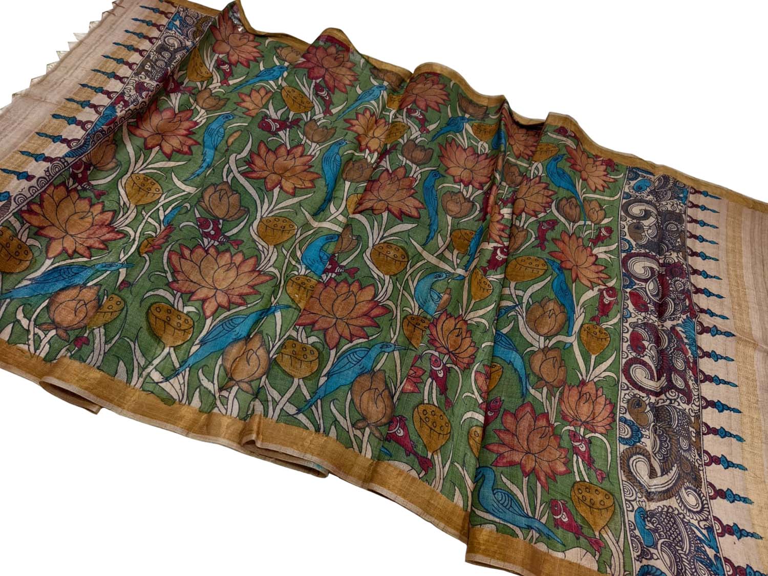 Hand Painted Tussar Silk Kalamkari Dupatta - Green - Luxurion World- Crafted Heirlooms