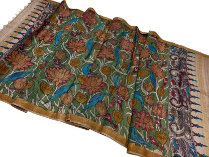 Hand Painted Tussar Silk Kalamkari Dupatta - Green - Luxurion World