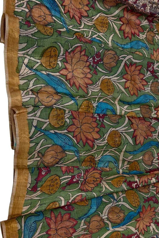 Hand Painted Tussar Silk Kalamkari Dupatta - Green - Luxurion World