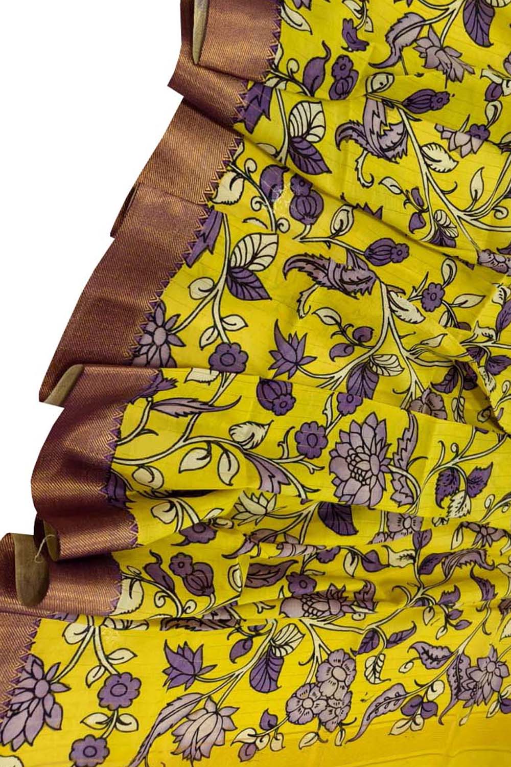 Yellow Hand Painted Pure Bangalore Silk Kalamkari Dupatta - Luxurion World