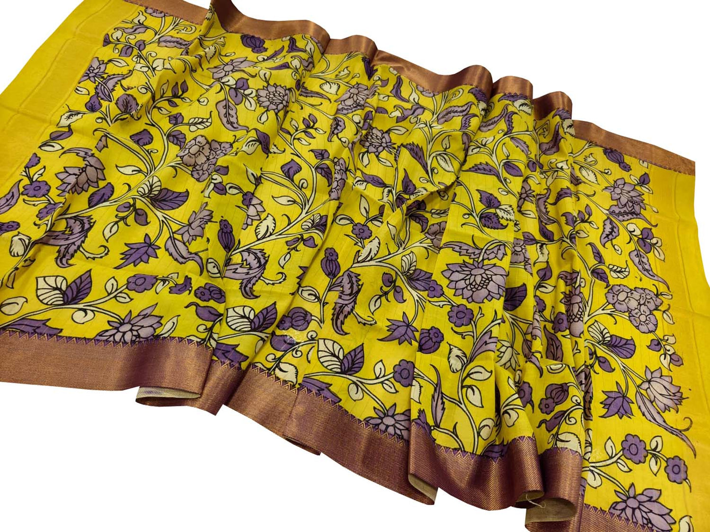 Yellow Hand Painted Pure Bangalore Silk Kalamkari Dupatta - Luxurion World