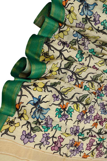 Multicolor Hand Painted Pure Bangalore Silk Kalamkari Dupatta - Luxurion World