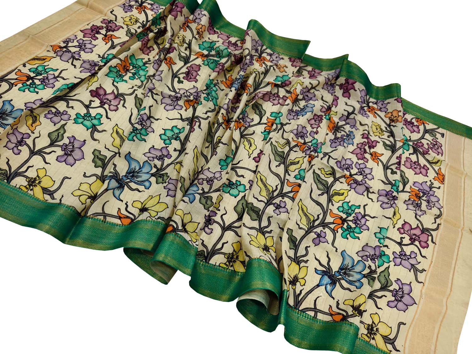 Multicolor Hand Painted Pure Bangalore Silk Kalamkari Dupatta - Luxurion World