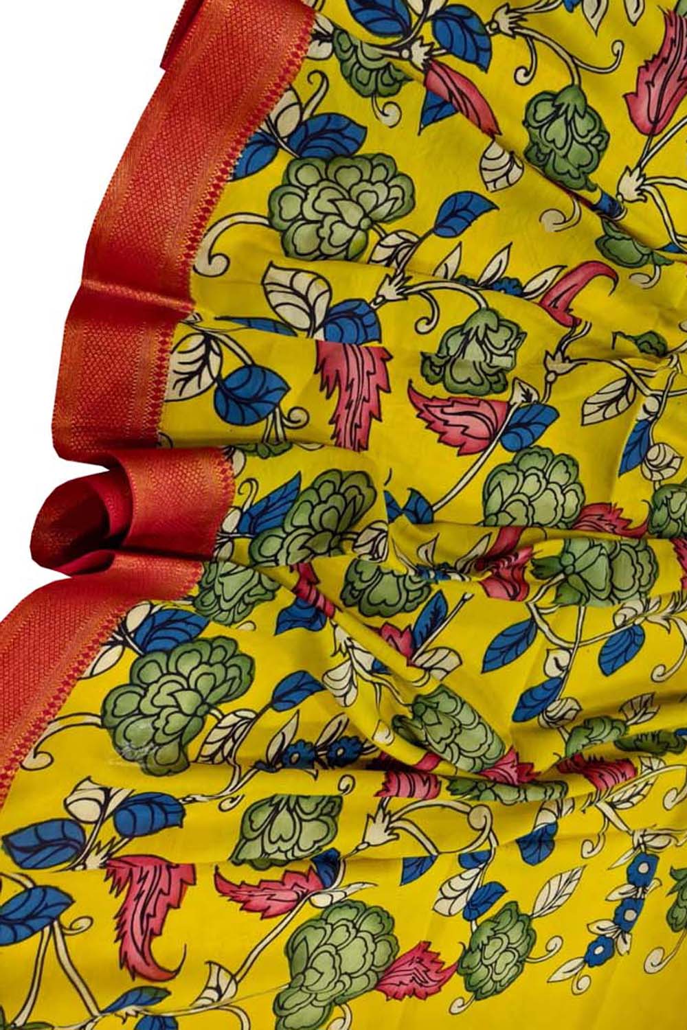 Yellow Hand Painted Pure Bangalore Silk Kalamkari Dupatta - Luxurion World