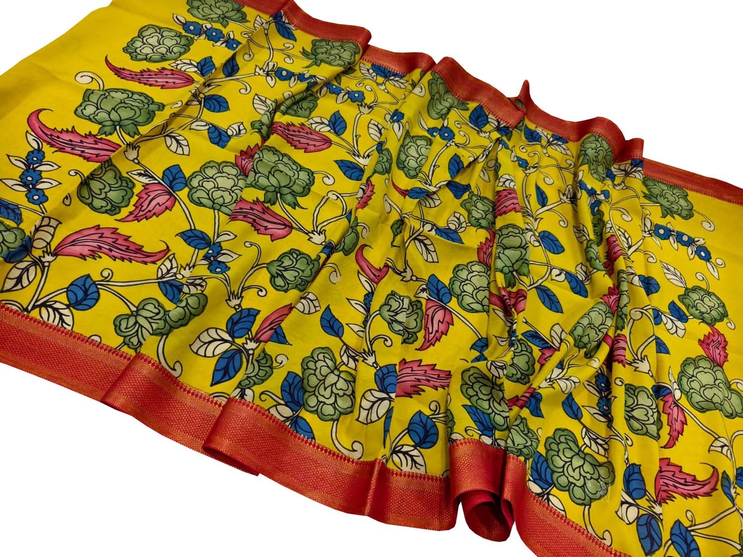 Yellow Hand Painted Pure Bangalore Silk Kalamkari Dupatta - Luxurion World