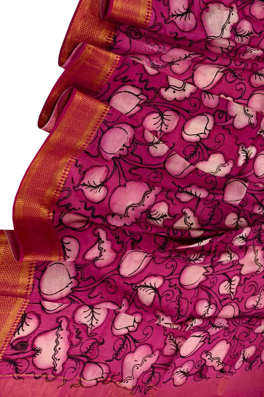 Pink Hand Painted Pure Bangalore Silk Kalamkari Dupatta - Luxurion World