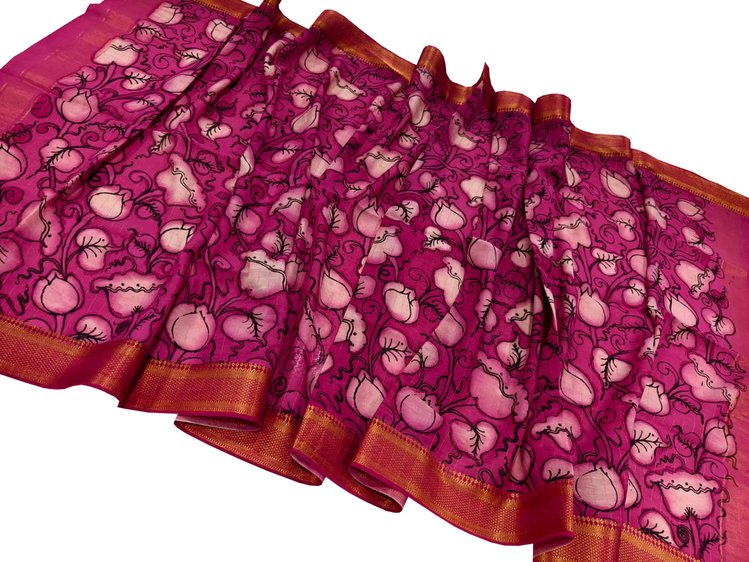 Pink Hand Painted Pure Bangalore Silk Kalamkari Dupatta - Luxurion World