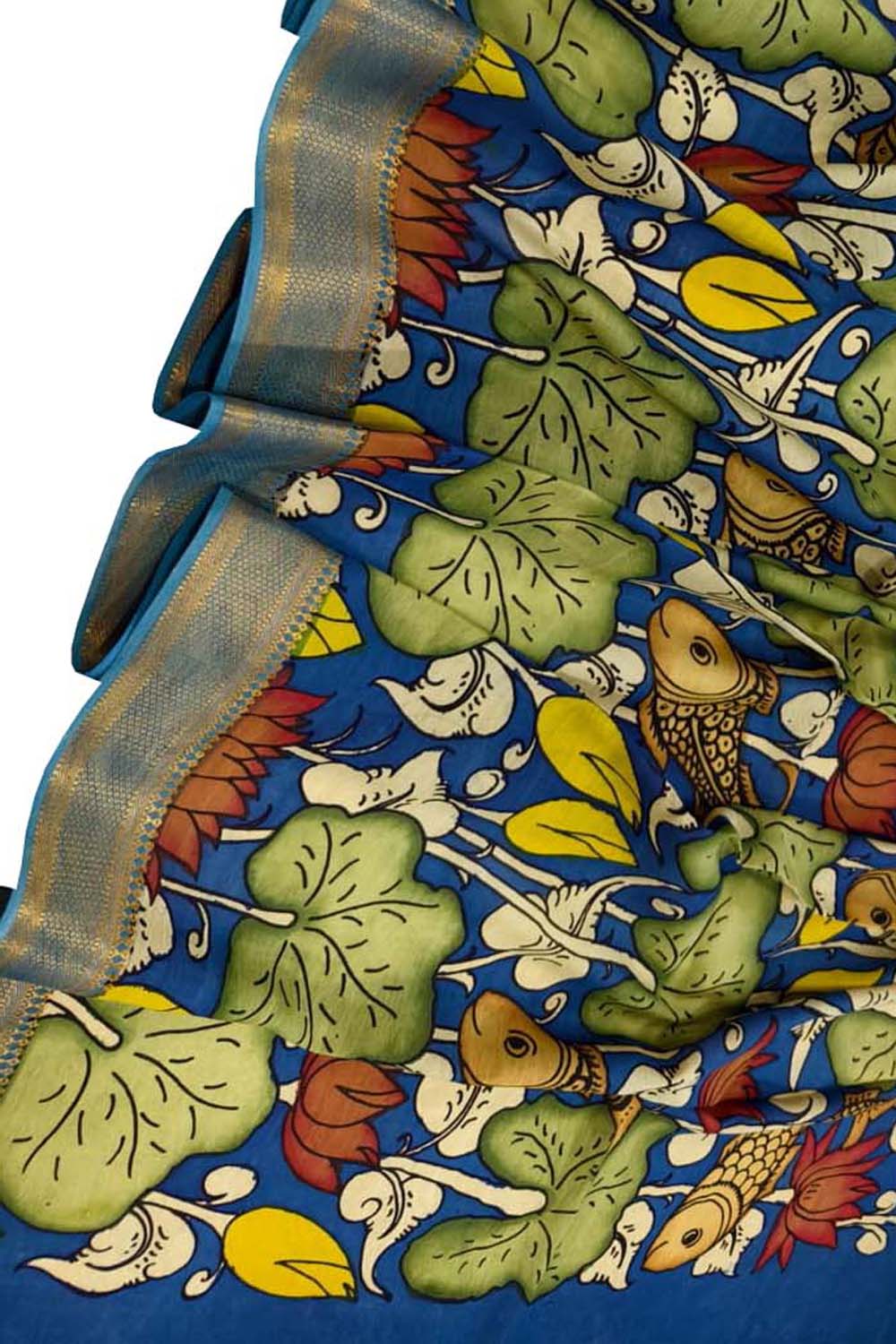 Blue Hand Painted Pure Bangalore Silk Kalamkari Dupatta - Luxurion World