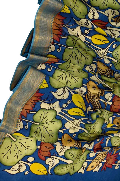 Blue Hand Painted Pure Bangalore Silk Kalamkari Dupatta - Luxurion World