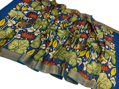 Blue Hand Painted Pure Bangalore Silk Kalamkari Dupatta - Luxurion World