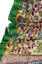 Multicolor Hand Painted Pure Bangalore Silk Kalamkari Dupatta - Luxurion World