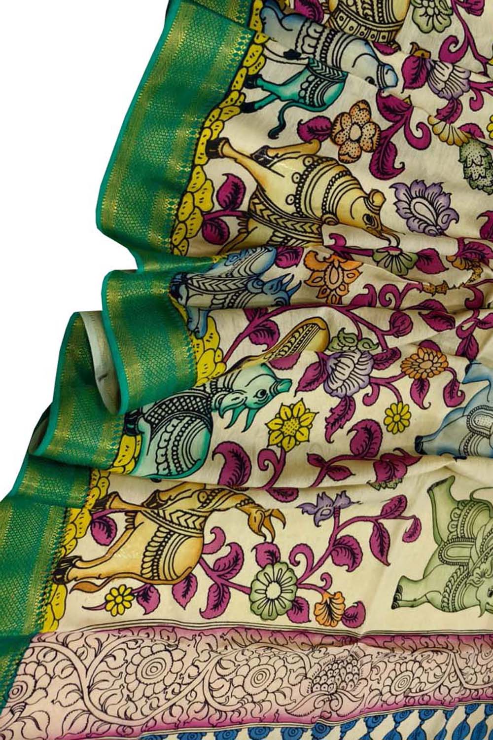 Multicolor Hand Painted Pure Bangalore Silk Kalamkari Dupatta - Luxurion World