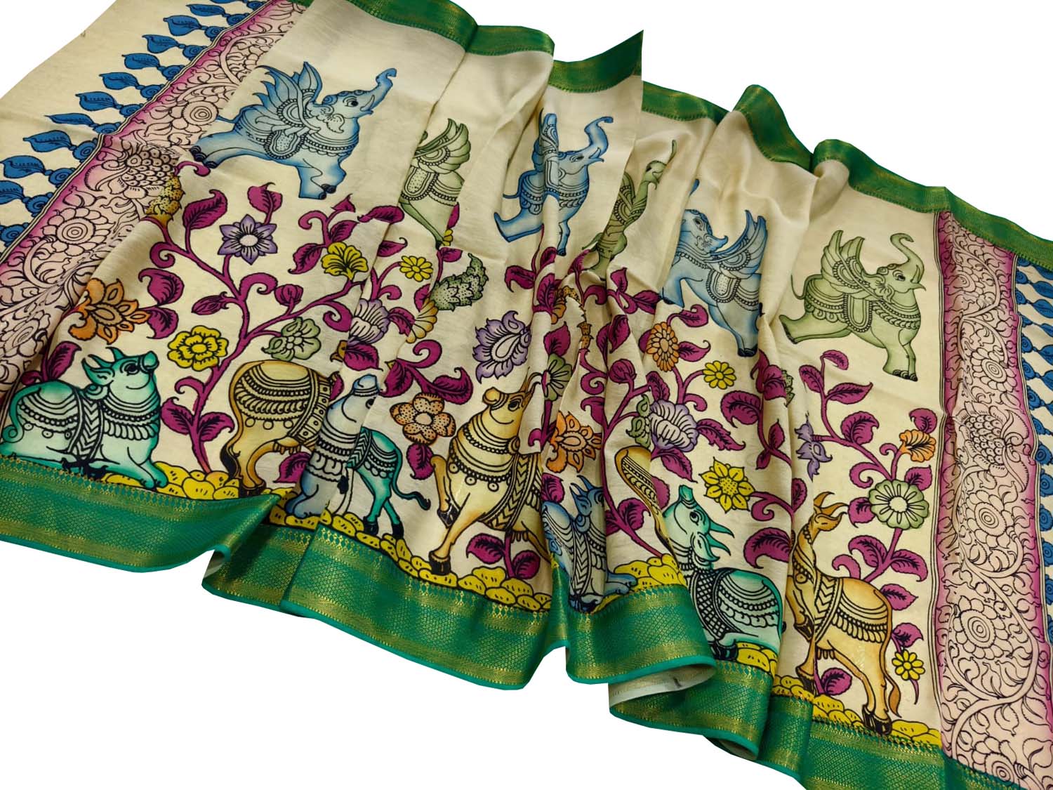 Multicolor Hand Painted Pure Bangalore Silk Kalamkari Dupatta - Luxurion World