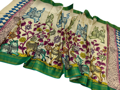 Multicolor Hand Painted Pure Bangalore Silk Kalamkari Dupatta - Luxurion World