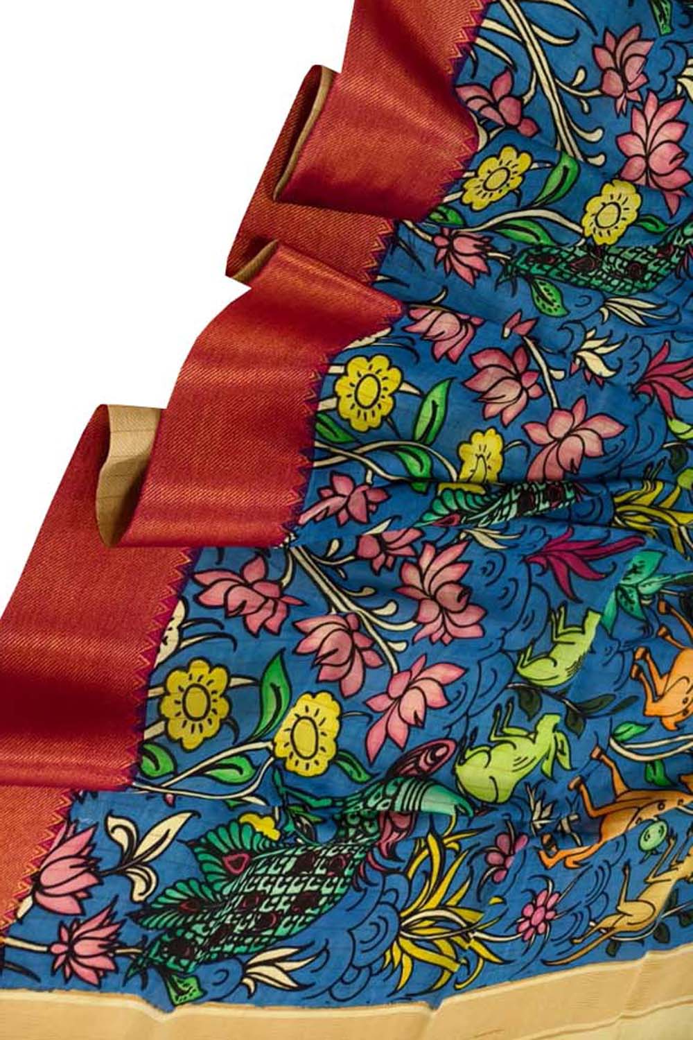 Blue Hand Painted Pure Bangalore Silk Kalamkari Dupatta - Luxurion World