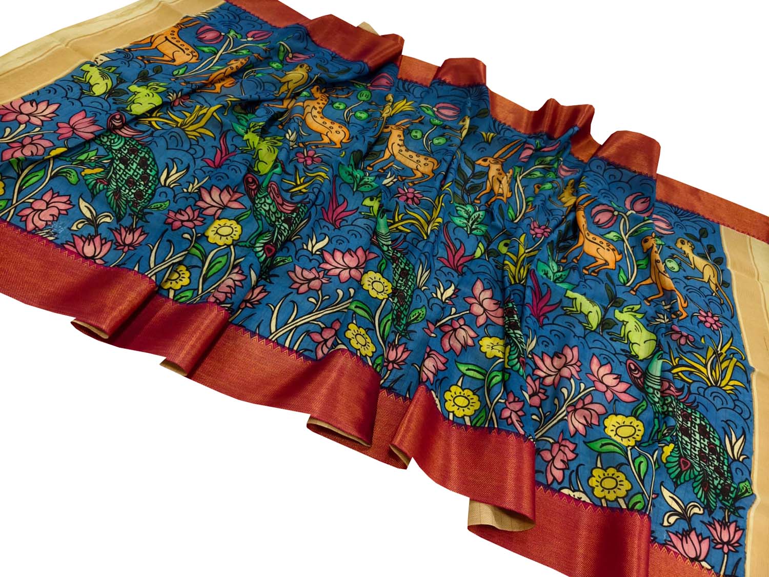 Blue Hand Painted Pure Bangalore Silk Kalamkari Dupatta - Luxurion World