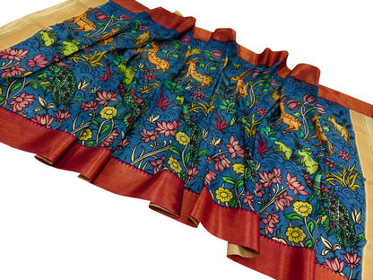 Blue Hand Painted Pure Bangalore Silk Kalamkari Dupatta - Luxurion World