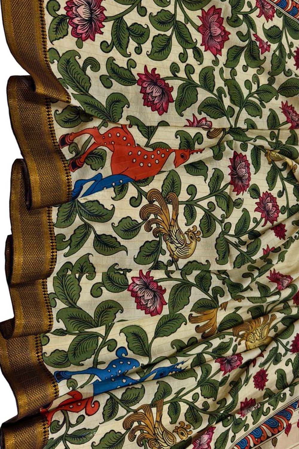 Multicolor Hand Painted Kalamkari Pure Bangalore Silk Flower Design Dupatta - Luxurion World