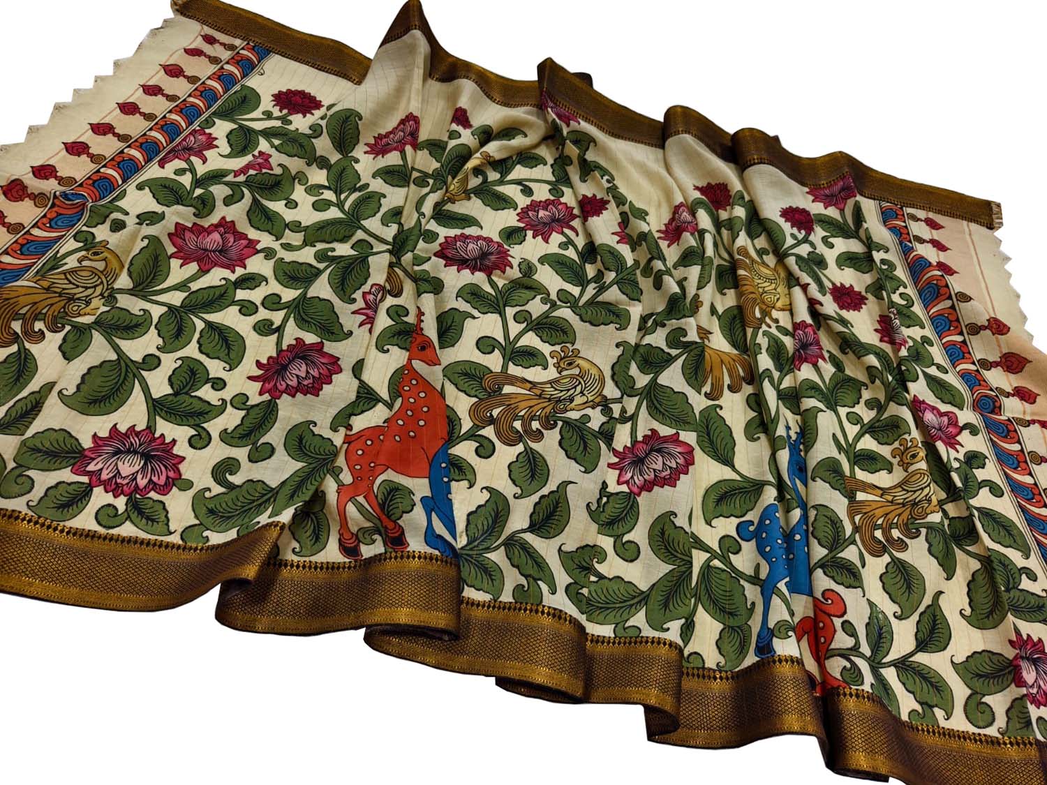 Multicolor Hand Painted Kalamkari Pure Bangalore Silk Flower Design Dupatta - Luxurion World