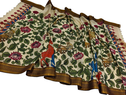Multicolor Hand Painted Kalamkari Pure Bangalore Silk Flower Design Dupatta - Luxurion World