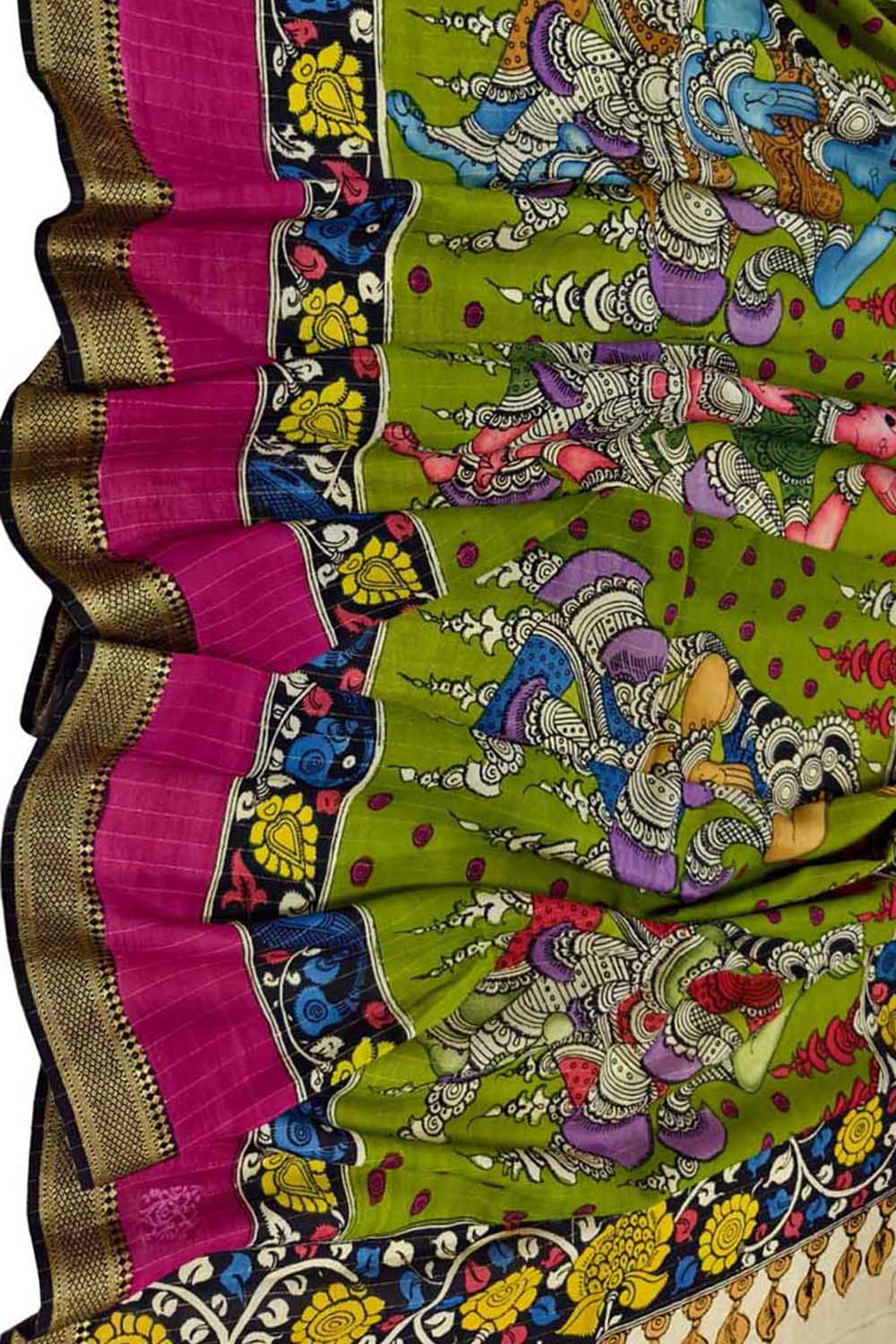 Green Hand Painted Kalamkari Pure Bangalore Silk Dupatta - Luxurion World