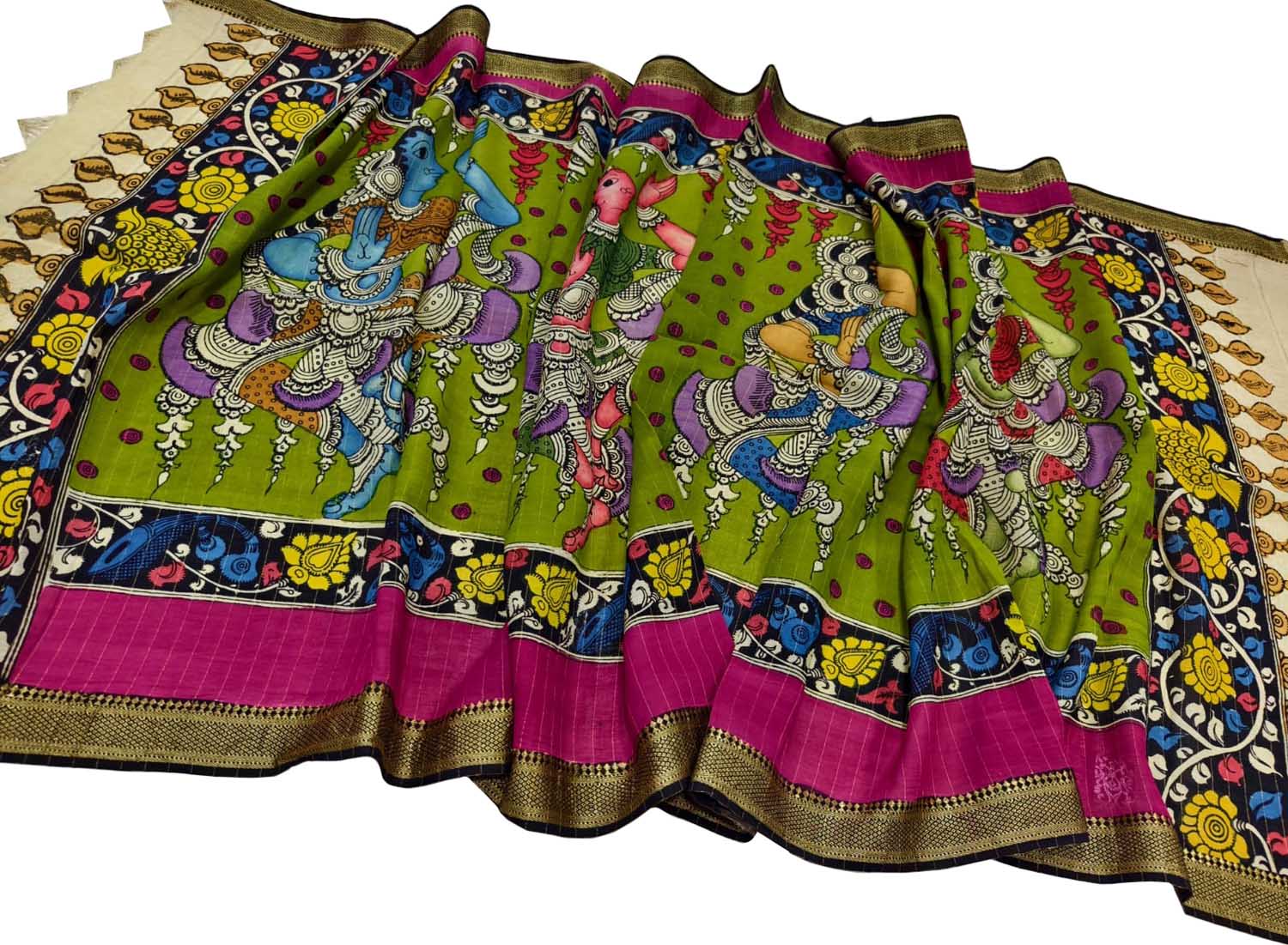 Green Hand Painted Kalamkari Pure Bangalore Silk Dupatta - Luxurion World