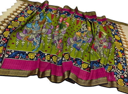 Green Hand Painted Kalamkari Pure Bangalore Silk Dupatta - Luxurion World