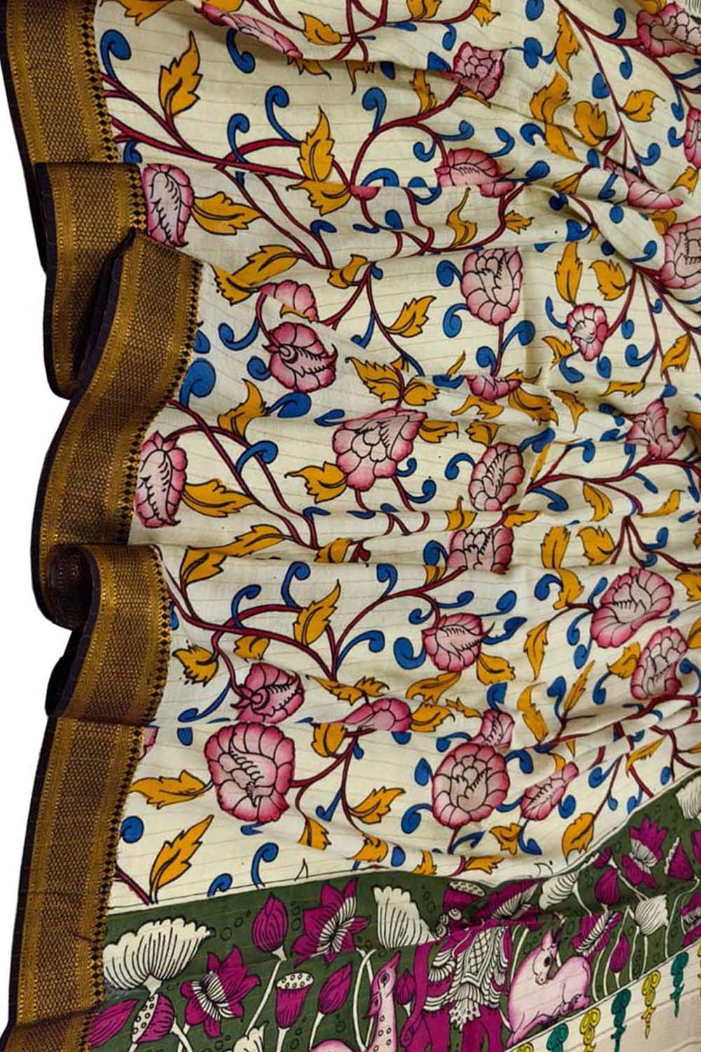 Multicolor Hand Painted Kalamkari Pure Bangalore Silk Flower Design Dupatta - Luxurion World