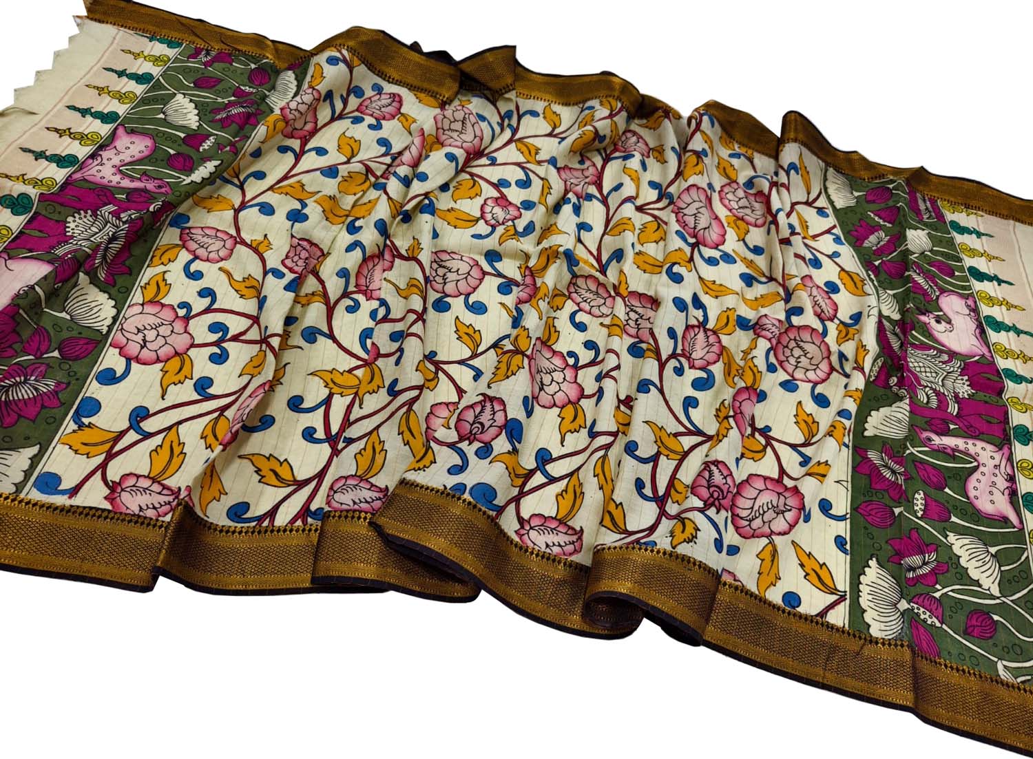 Multicolor Hand Painted Kalamkari Pure Bangalore Silk Flower Design Dupatta - Luxurion World