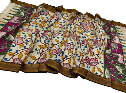 Multicolor Hand Painted Kalamkari Pure Bangalore Silk Flower Design Dupatta - Luxurion World