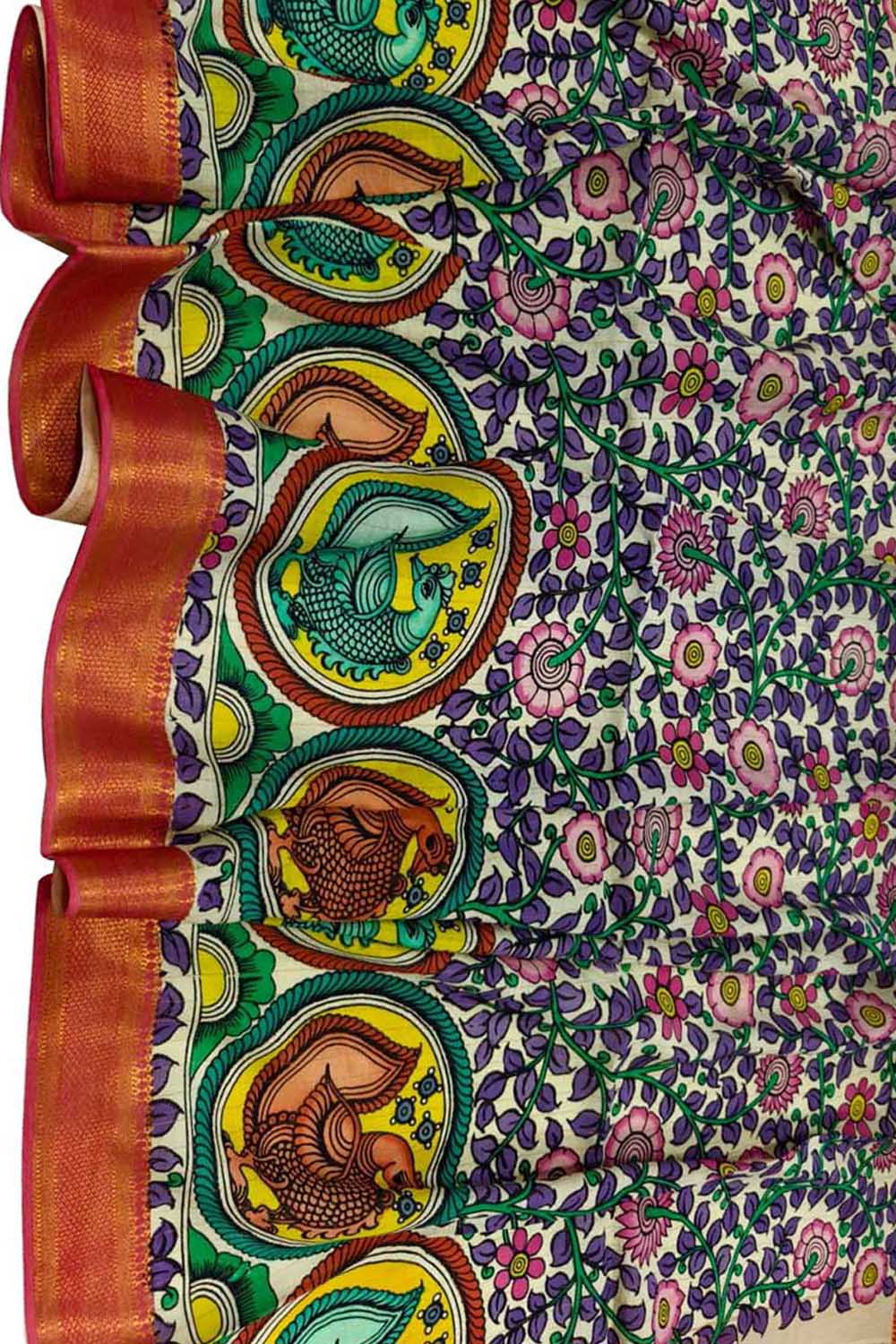 Multicolor Hand Painted Kalamkari Pure Bangalore Silk Flower Design Dupatta - Luxurion World