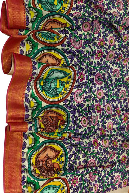 Multicolor Hand Painted Kalamkari Pure Bangalore Silk Flower Design Dupatta - Luxurion World
