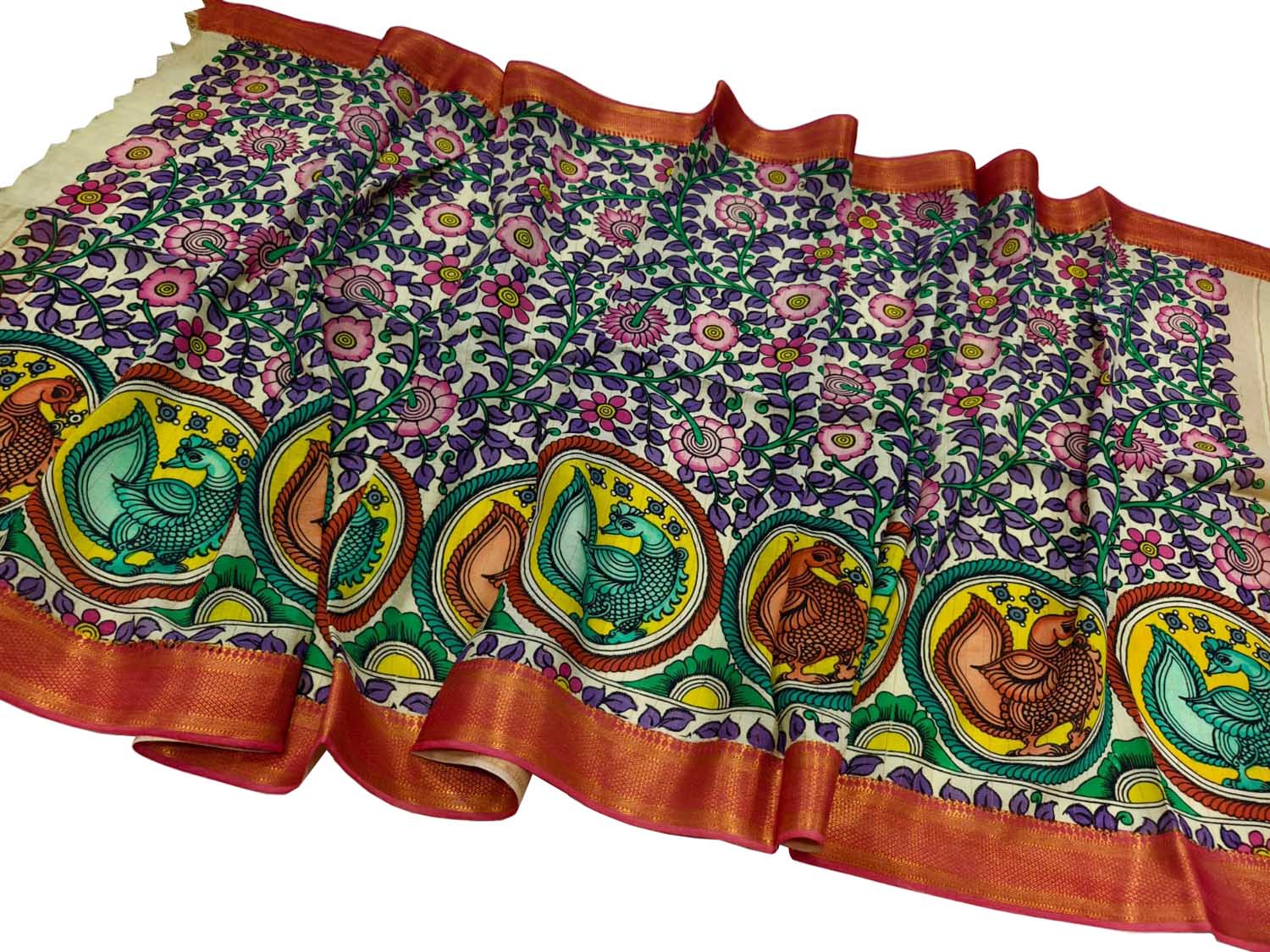 Multicolor Hand Painted Kalamkari Pure Bangalore Silk Flower Design Dupatta - Luxurion World
