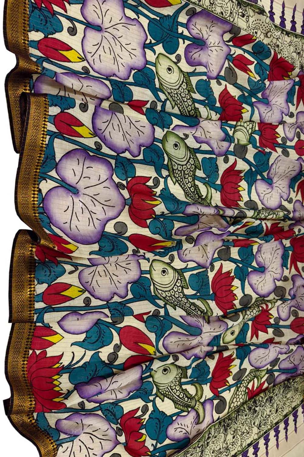 Multicolor Hand Painted Kalamkari Pure Bangalore Silk Fish Design Dupatta - Luxurion World