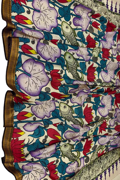 Multicolor Hand Painted Kalamkari Pure Bangalore Silk Fish Design Dupatta - Luxurion World