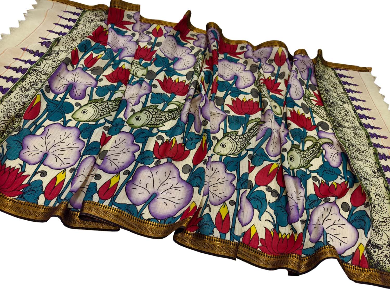 Multicolor Hand Painted Kalamkari Pure Bangalore Silk Fish Design Dupatta - Luxurion World