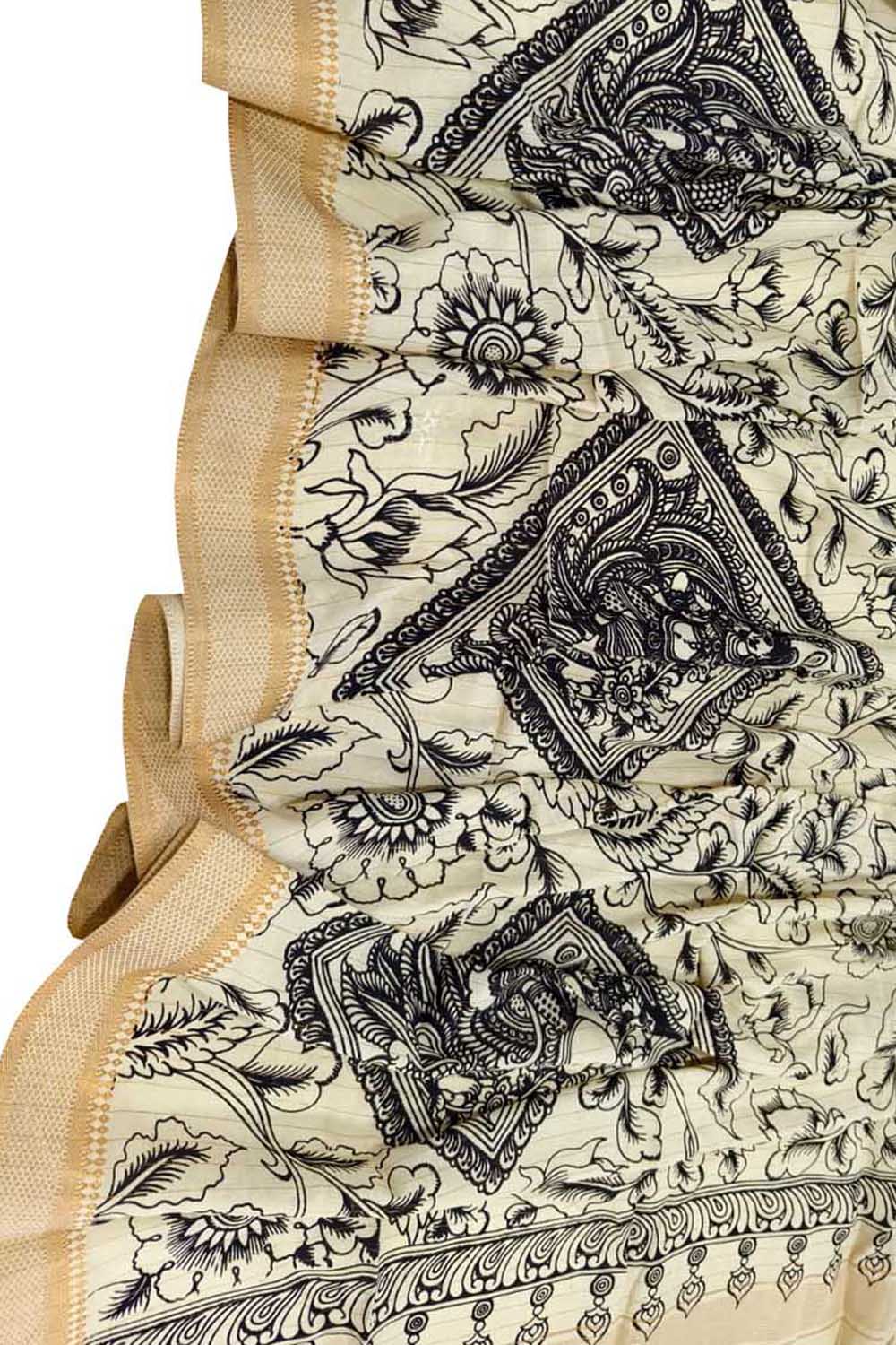 Black And White Hand Painted Kalamkari Pure Bangalore Silk Dupatta - Luxurion World